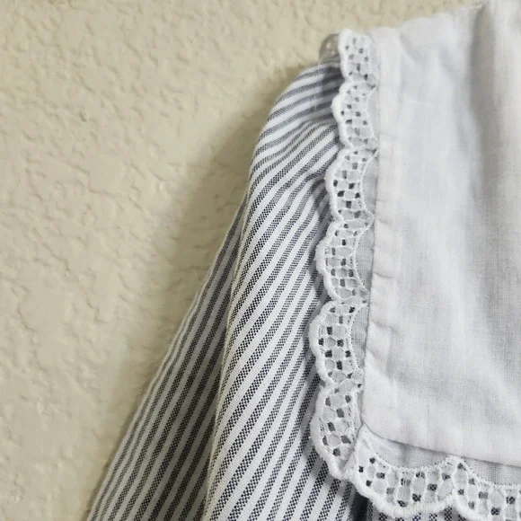 VTG Mousefeathers Size 6 Grey White Striped Lace Collar Puff Sleeve Ruffle Dress - Picture 9 of 16